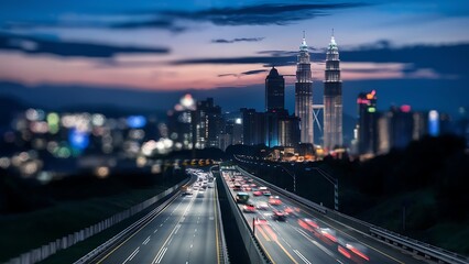 Fototapeta premium Ampang Kuala Lumpur Elevated Highway AKLEH with City Skyline in Malaysia at Twilight Blurred Defocused Bokeh Background