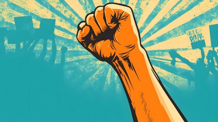 Raised Fist: A hand with a raised fist against a backdrop of a protest rally.
