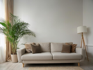Interior design sofa and plants plain background wall. Minimalist style. 