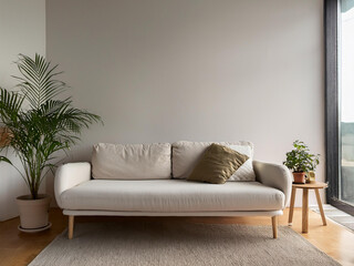 Interior design sofa and plants plain background wall. Minimalist style. 