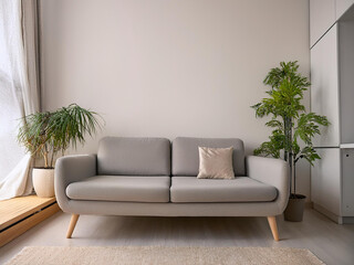Interior design sofa and plants plain background wall. Minimalist style. 