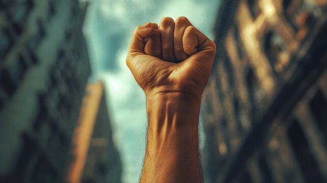 Raised Fist: A hand with a raised fist against a backdrop of a protest rally.
