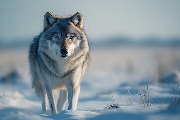 Fototapeta premium A lone wolf traverses a snowy expanse under a clear sky.