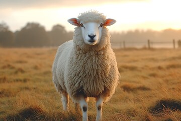 Obraz premium A lone sheep grazes peacefully in a field bathed in warm, soft light.
