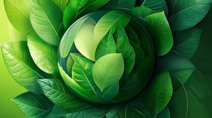 Fototapeta premium Abstract green sphere surrounded by leaves, nature concept