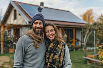 Naklejka premium Happy couple enjoying family moments near their eco friendly home, embracing sustainability together