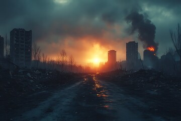 Obraz premium Desolate cityscape with crumbled buildings under a dark sky, destruction