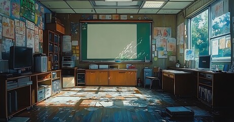 Empty Classroom with Papers on Floor and Green Chalkboard