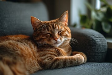 Ginger tabby cat peacefully asleep on a modern chair in a minimalist apartment.
