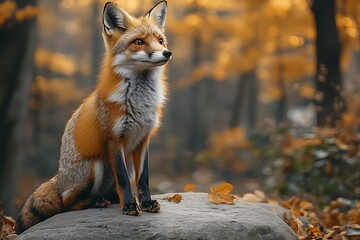 A wild fox sits serenely on a rock in an autumnal forest