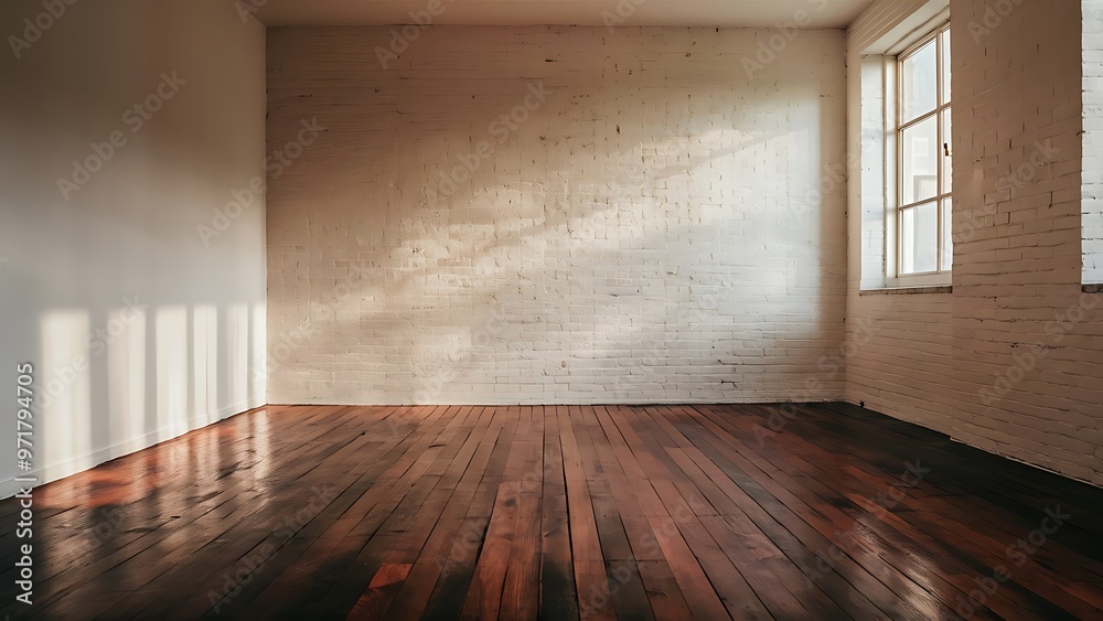 Wall mural empty room with white brick wall and wooden floor