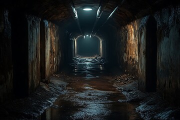 Fototapeta premium A narrow bunker tunnel with minimal lighting and rough concrete walls