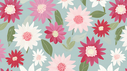 Blooming Rhapsody: A symphony of pink and white daisies dance on a serene teal backdrop, their delicate petals whispering tales of spring. This seamless pattern is perfect for feminine and playful des