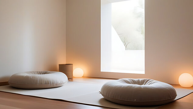 serene meditation room floor cushions soft lighting calming natural tones
