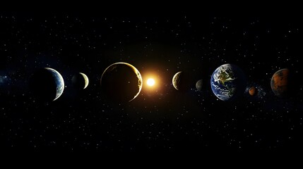 Solar System Eclipse: A solar eclipse within the solar system, with the moon casting a shadow on Earth and other planets in the background.

