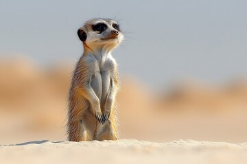 Lone meerkat standing alert in a soft-toned desert landscape