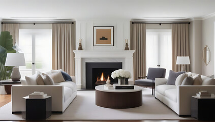 traditional living room large fireplace ornate furniture heavy drapes