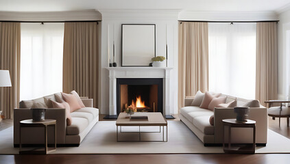 traditional living room large fireplace ornate furniture heavy drapes