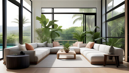 Fototapeta premium tropical living room large windows lush plants rattan furniture