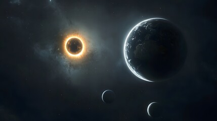 Fototapeta premium Solar System Eclipse: A solar eclipse within the solar system, with the moon casting a shadow on Earth and other planets in the background. 