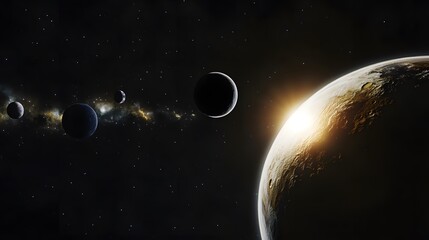 Obraz premium Solar System Eclipse: A solar eclipse within the solar system, with the moon casting a shadow on Earth and other planets in the background. 