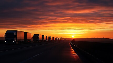 Silhouetted Truck Convoy Traversing the Highway Symbolizing Road Logistics 