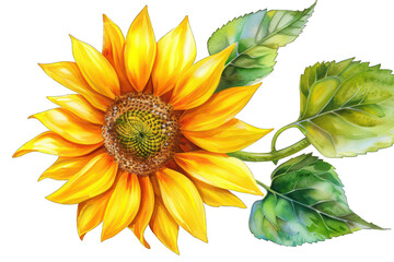 Naklejka premium Watercolor Sunflower with Green Leaves on Transparent Background PNG
