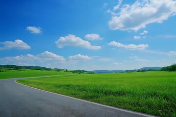 Fototapeta premium Empty asphalt road winding through lush green field and blue sky with clouds. Summer landscape with perspective and copy space