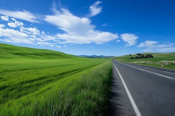 Fototapeta premium Empty highway through green fields and blue sky with clouds
