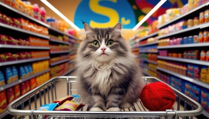 Fluffy cat in shopping cart with yarn in bright grocery store aisle AI
