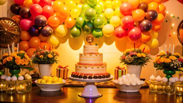 A birthday party setup with a three-tiered cake, balloons, flowers, and desserts.