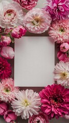 Fototapeta premium Top view of blank card and beautiful blooming flowers isolated on pink