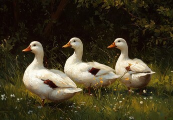 Obraz premium Three ducks enjoying a sunny day in lush greenery, featuring two white ducks and one speckled brown duck