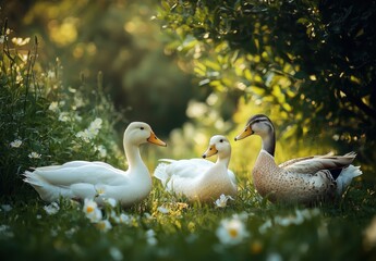 Obraz premium Three ducks in a lush meadow, two white and one speckled, enjoying a sunny afternoon among wildflowers