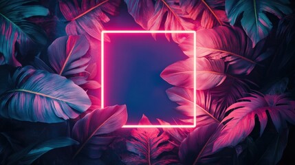 Tropical leaves illuminated by fluorescent neon light in square frame