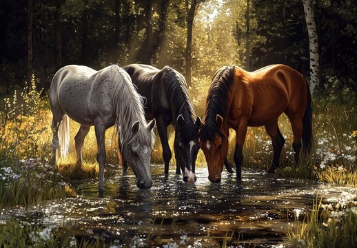 Three horses drinking water by a forest stream during golden hour with sunlight filtering through the trees