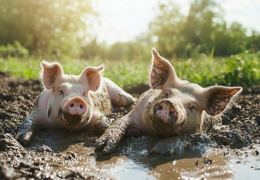 Playful pigs enjoying a muddy splash in a sunny field during a warm afternoon