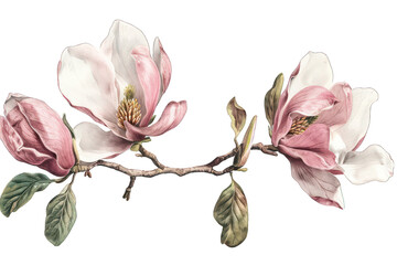 Fototapeta premium Watercolor Magnolia Flowers with Green Leaves on Transparent Background PNG