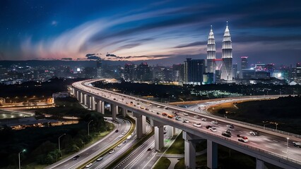 Fototapeta premium Ampang Kuala Lumpur Elevated Highway AKLEH with City Skyline in Malaysia at Twilight Blurred Defocused Bokeh Background