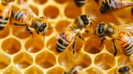 Close up view of a bumble bee honey comb with honey bees