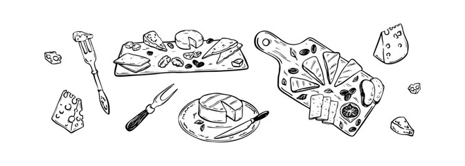 Wine cheese platte. Charcuterie board. Food handwriting drawing in doodle sketch style. Cheddar, parmesan, gouda, brie, gorgonzola slices and pieces. Antipasto appetiser menu