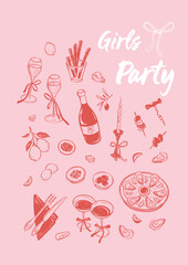 Girly party vertical a4 pink invitation. Vintage victorian cute coquette style poster. Wine with oysters. Wine bottle. Cocktail and champagne glasses with bow ribbon. Birthday and wedding design