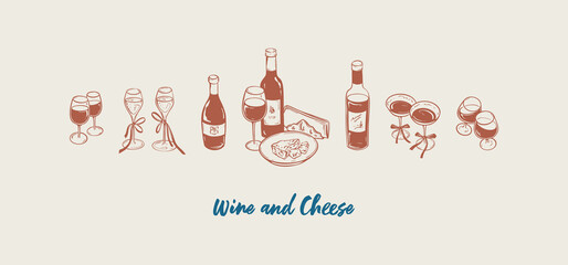 Wine bottles and glasses with brie cheese plate hand drawn linecut set. Doodle sketchy minimalist scribble vector illustration. Victorian vintage style. Champaign and cocktail alcohol drink