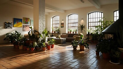 Bright room with tile floor and brick white wall background