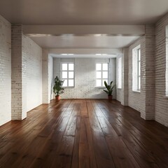 Fototapeta premium Empty room with white brick wall and wooden floor