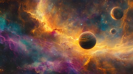 Solar System with Nebula: The solar system viewed against a colorful nebula, with the planets glowing brightly amidst the swirling gas clouds.
