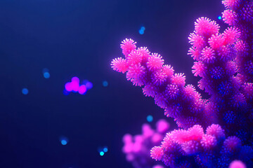 Fototapeta premium A close-up of a pink coral branch illuminated by blue and purple light, reminiscent of an underwater world. Generated AI.