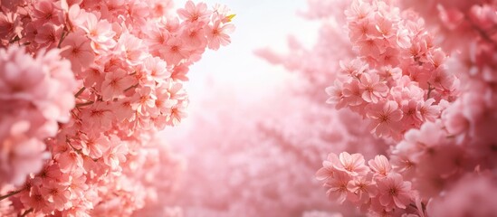 Fototapeta premium Background illustration of fully bloomed cherry blossoms with a frame created through 3D rendering techniques