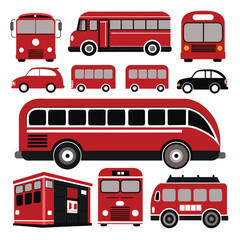 This graphic features an assortment of bus icons showcasing various designs and types ideal for transportation related projects or applications