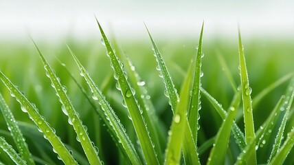 Obraz premium A highly detailed, macro close-up of a vibrant, emerald green grass field, isolated against a pure, snow-white background, with delicate, rounded dew drops scattered across the blade tips, gently.